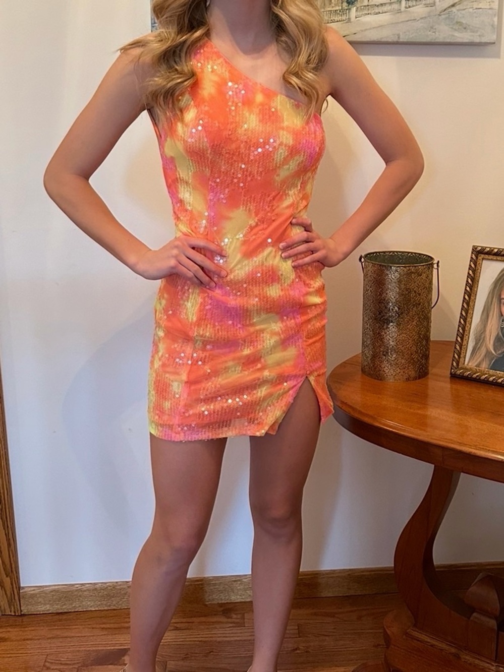 Clarissa cocktail One-Shoulder Neon Tie-Dye Sequin Bodycon Dress - Pink/Orange